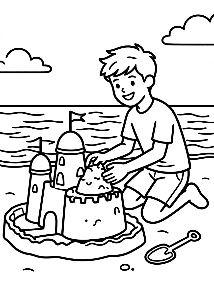 Justin Bieber building a sandcastle at the beach.
