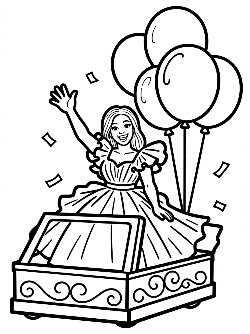 Cardi B waving from a parade float with balloons and confetti.