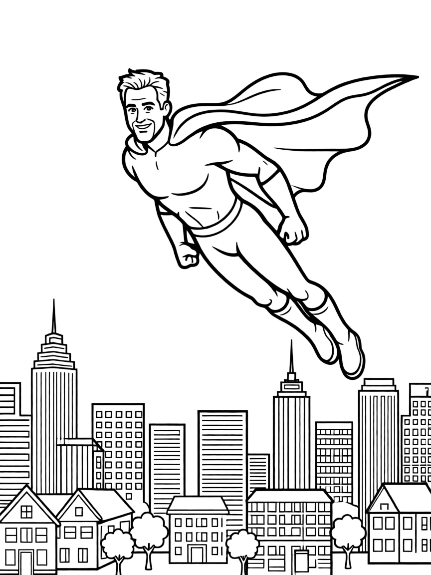 Ryan Reynolds wearing a superhero cape and flying over a cityscape.