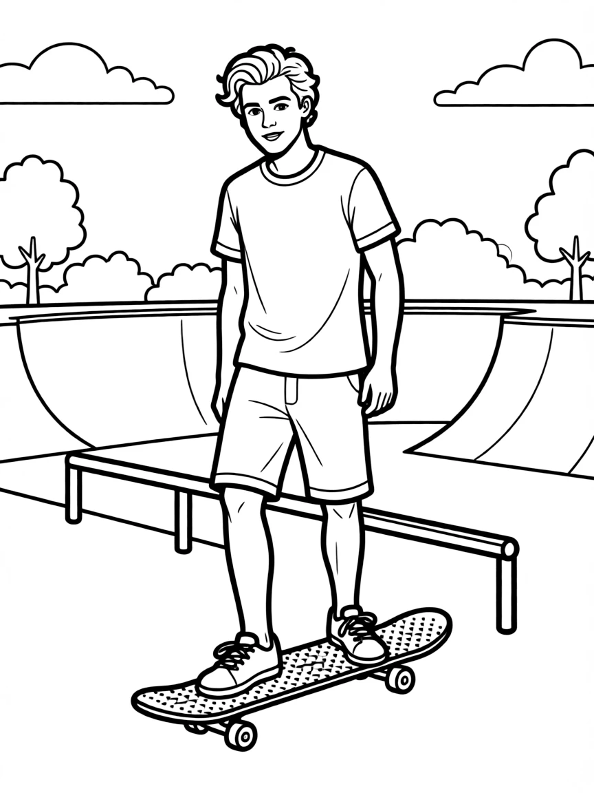 Harry Styles skateboarding at a skate park.
