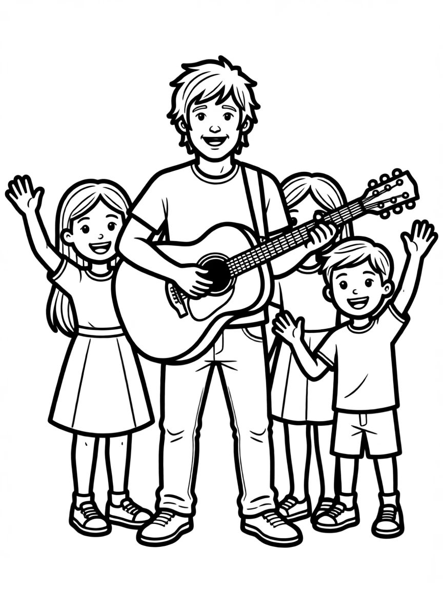 Ed Sheeran posing with cartoon versions of their fans.