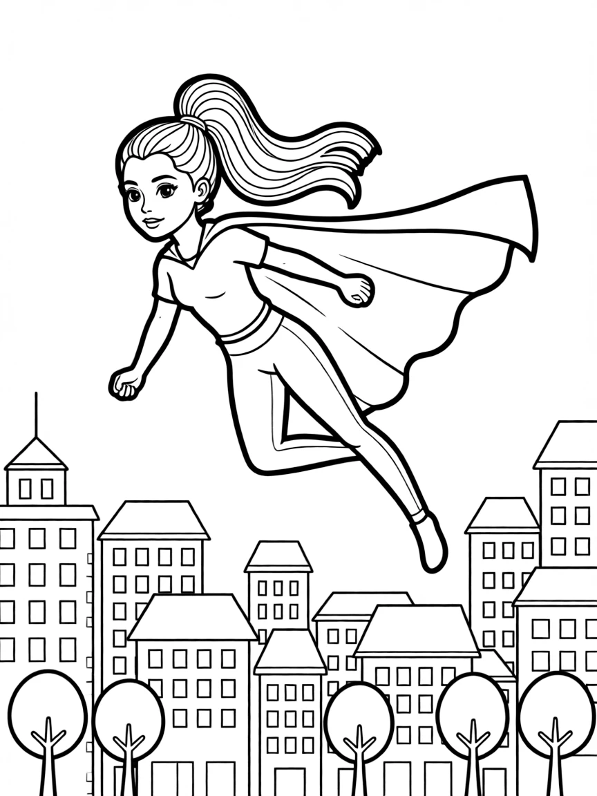Ariana Grande wearing a superhero cape and flying over a cityscape.