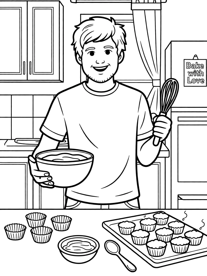 Ed Sheeran baking cupcakes in a colorful kitchen.