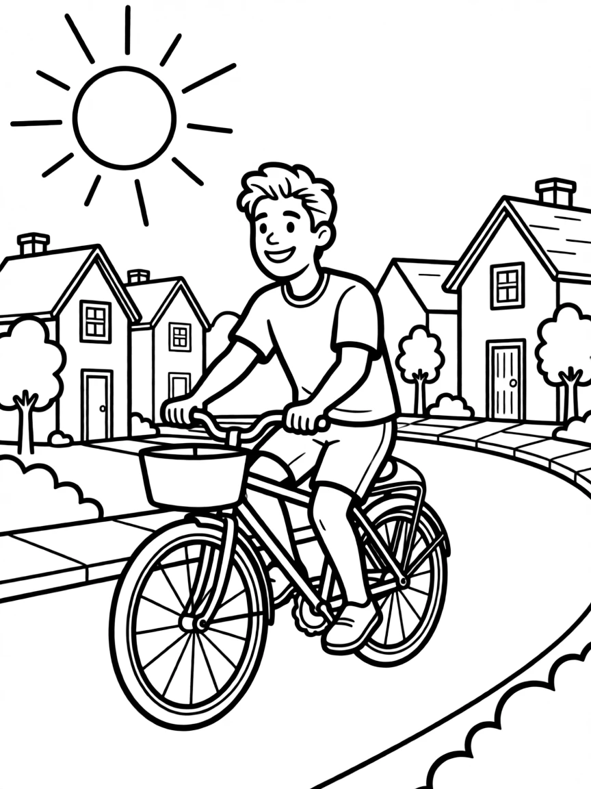 Bruno Mars riding a bicycle through a sunny neighborhood.