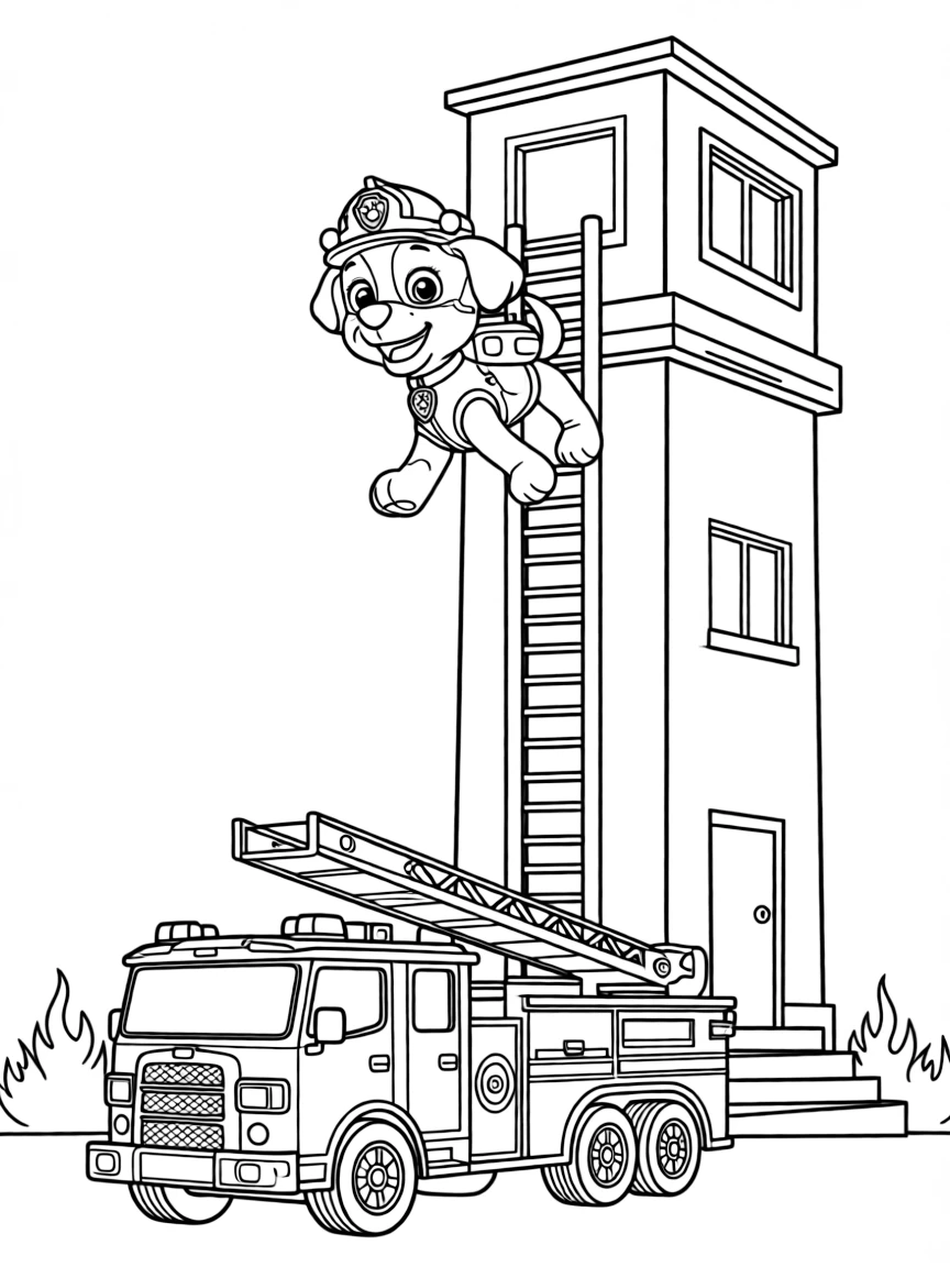 Marshall the fire pup sliding down a fire pole at the Lookout tower, wearing his firefighter helmet, with his fire truck waiting below and flames to extinguish in the distance