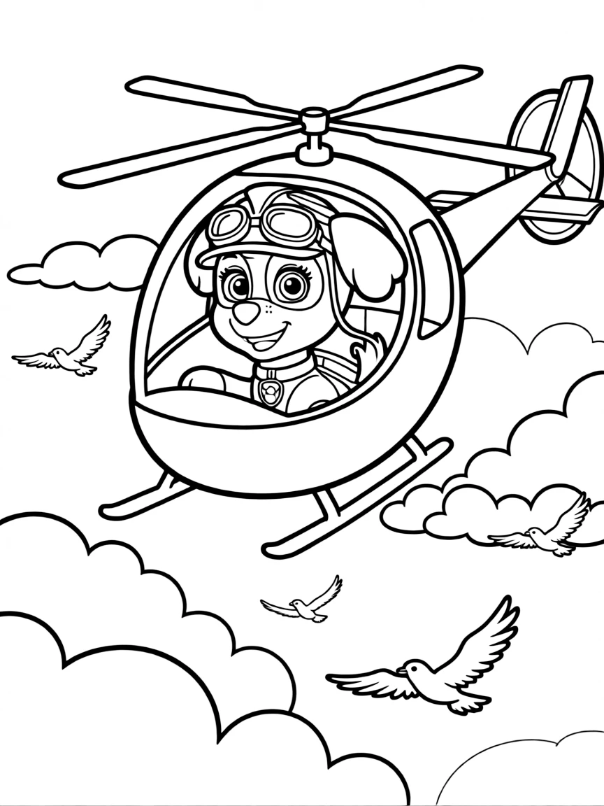 Skye the aviation pup flying her helicopter above fluffy clouds, wearing her pilot goggles and pink uniform, with birds flying alongside her