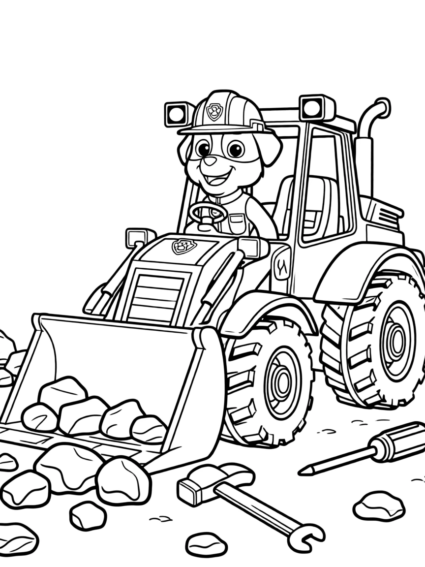 Rubble the construction pup operating his yellow bulldozer to clear rocks and debris, wearing his hard hat, with construction tools scattered around
