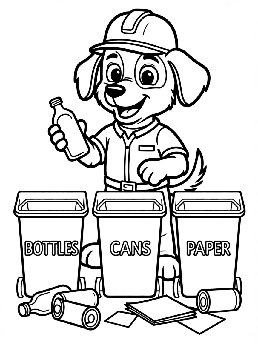 Rocky the recycling pup sorting recyclables into different bins, wearing his green uniform and hard hat, surrounded by bottles, cans, and paper
