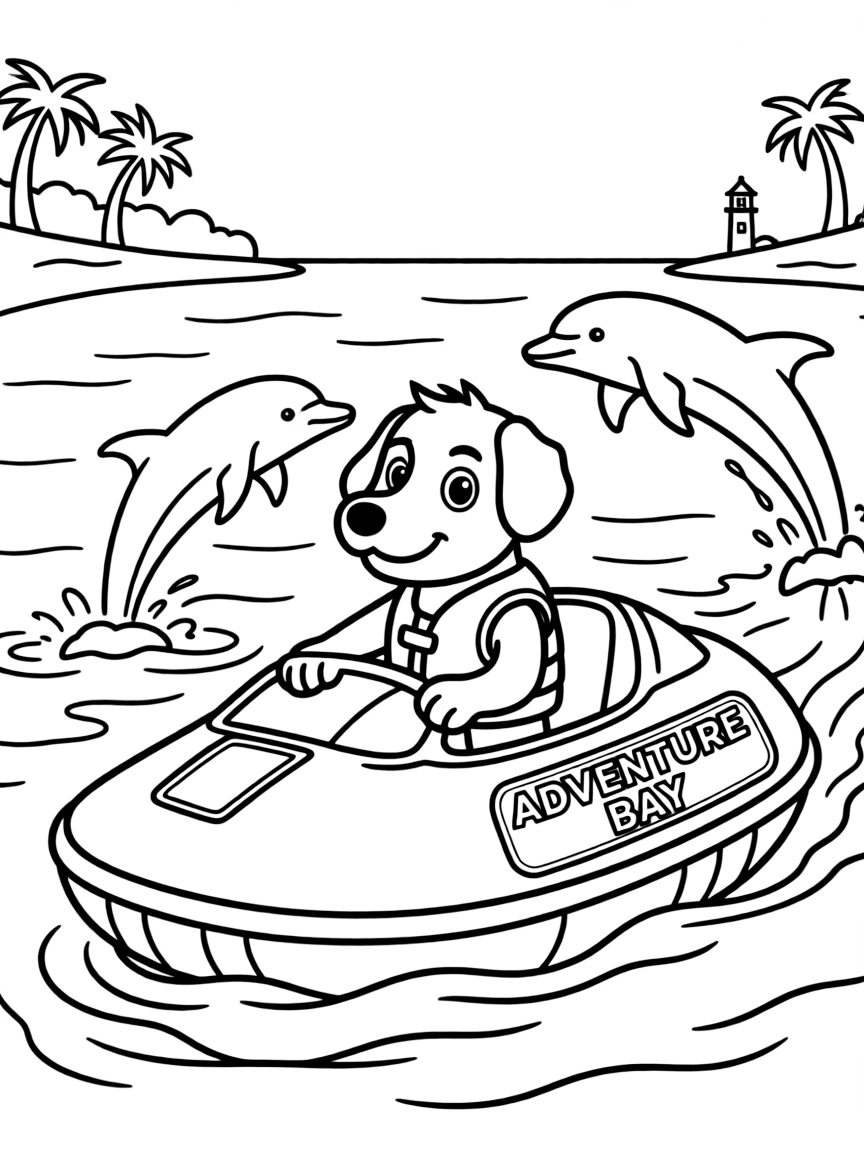 Zuma the water rescue pup riding his hovercraft across Adventure Bay's harbor, wearing his orange life jacket, with dolphins jumping in the waves