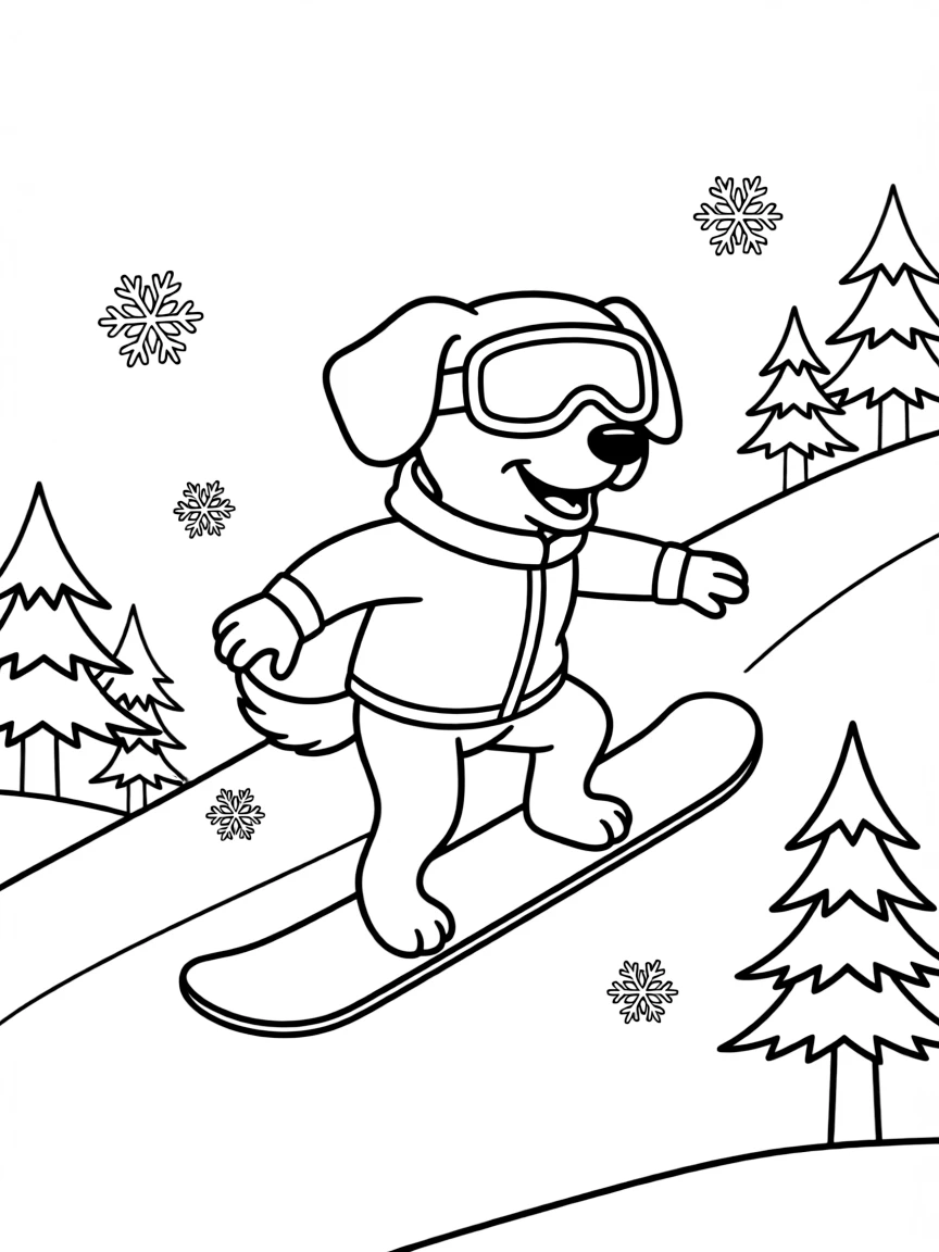 Everest the snow rescue pup snowboarding down a snowy mountain slope, wearing her purple winter gear and goggles, with pine trees and snowflakes