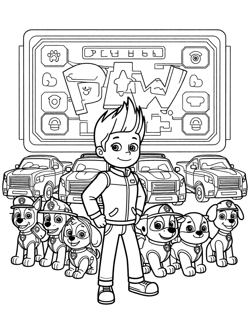 Ryder and all the PAW Patrol pups gathered around their mission control screen at the Lookout, with their vehicles parked behind them