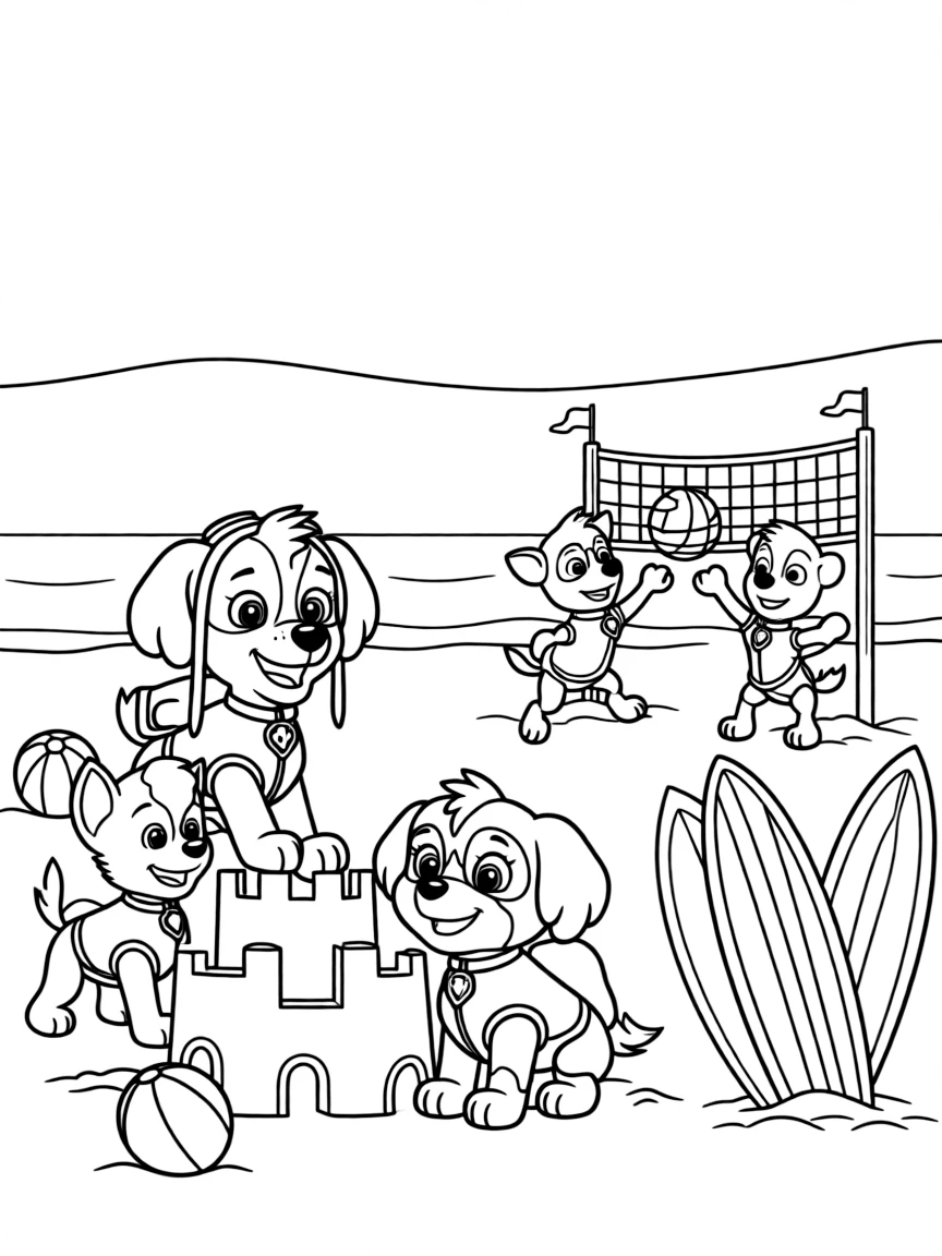 The PAW Patrol pups having a beach day, building sandcastles and playing volleyball, with surfboards and beach balls scattered on the sand