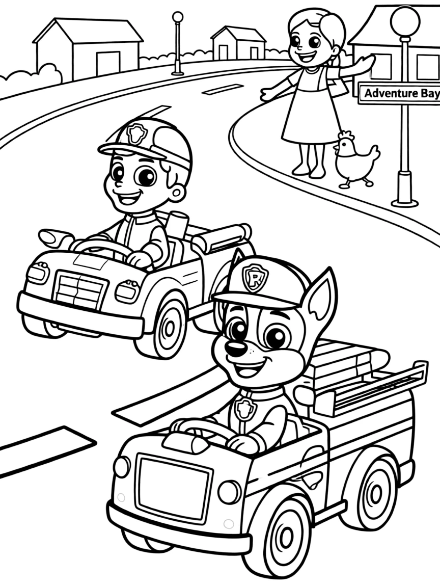 Chase and Marshall racing their vehicles through Adventure Bay's streets, with Mayor Goodway and Chickaletta cheering from the sidewalk