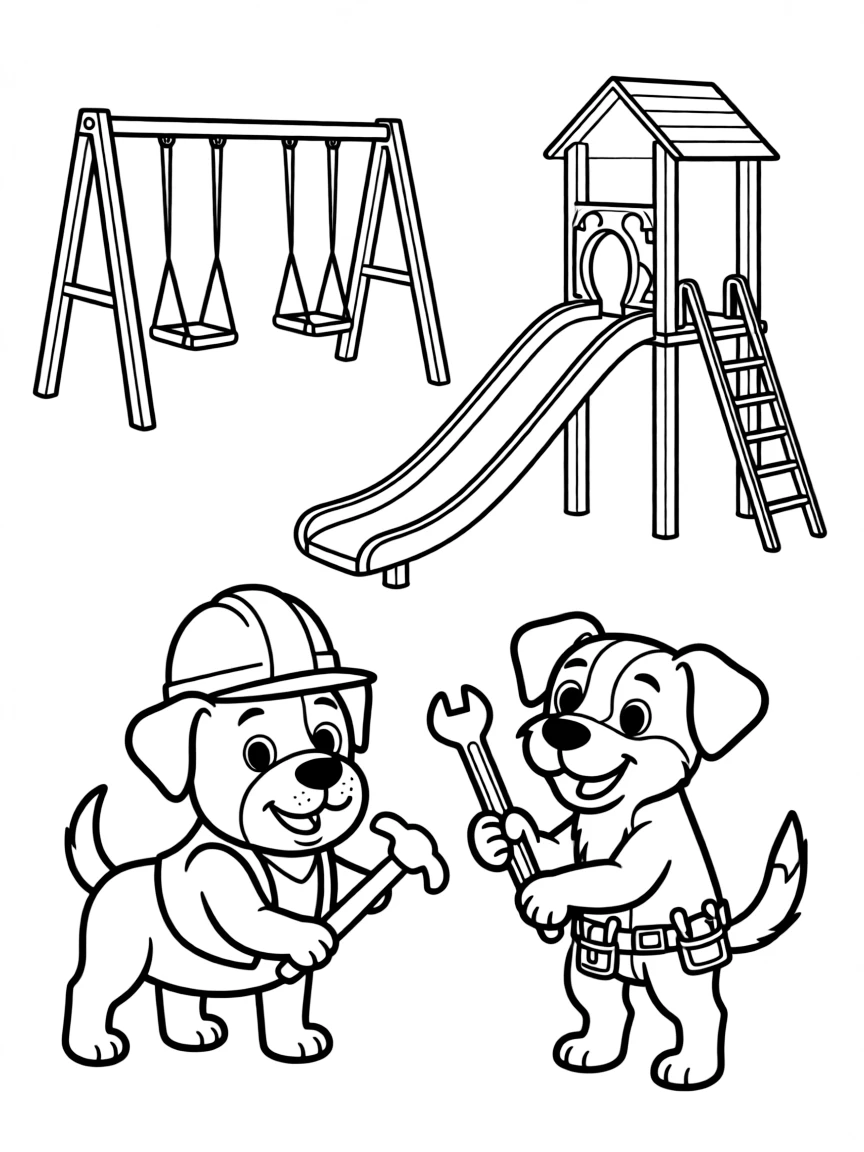Rubble and Rocky working together to build a new playground, with swing sets, slides, and see-saws taking shape around them