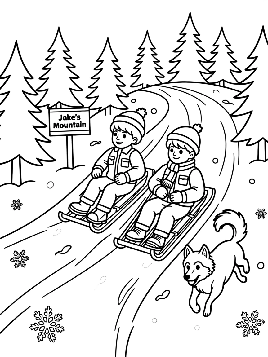 Everest and Jake sledding down Jake's Mountain with their husky companions, snowflakes falling and evergreen trees lining the path