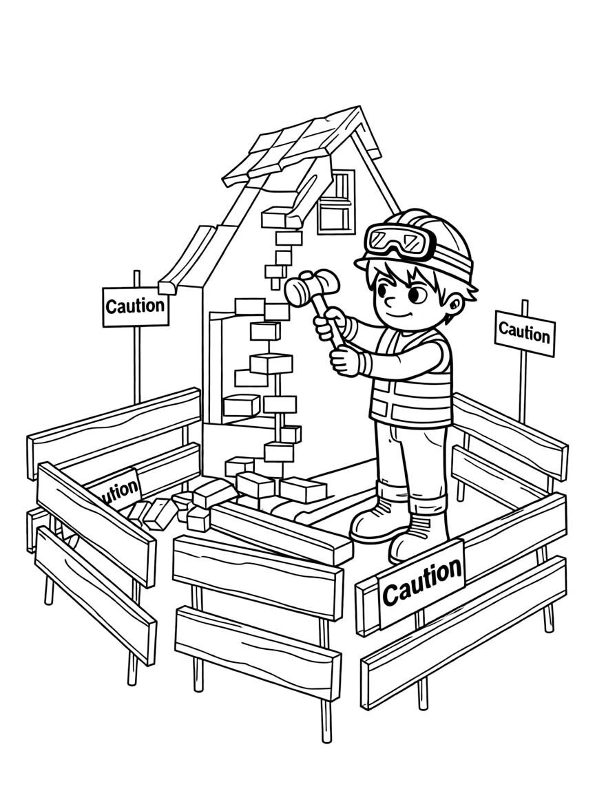 Rubble demolishing an old building safely, wearing protective gear, with construction barriers and "Caution" signs around the work site