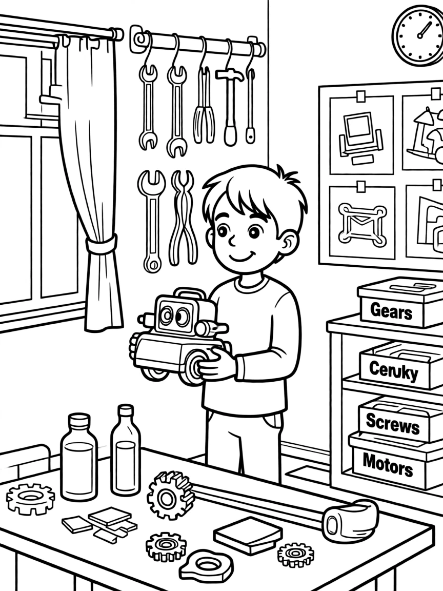 Rocky creating new toys and gadgets from recycled materials in his workshop, with inventions and tools hanging on the walls