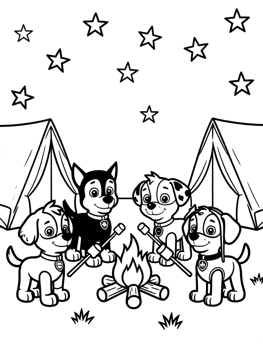 The PAW Patrol pups camping under the stars, with their tents set up around a campfire, marshmallows roasting on sticks