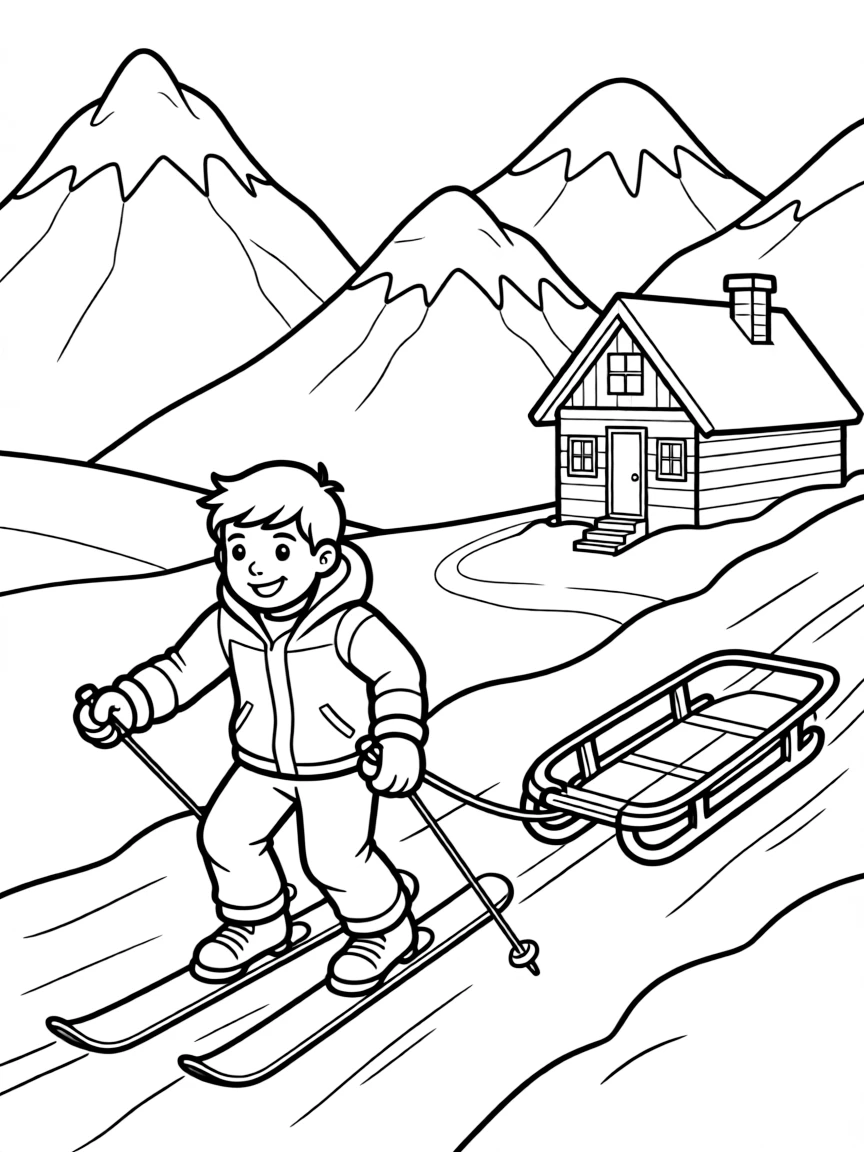 Everest skiing down a slope while pulling a rescue sled, with snow-covered mountains and a cozy cabin in the background