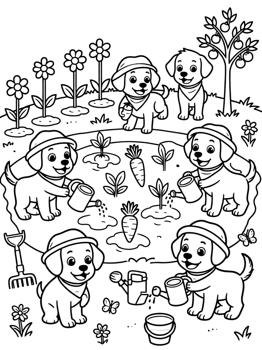 All pups working together to plant a community garden, with flowers, vegetables, and fruit trees, gardening tools scattered around