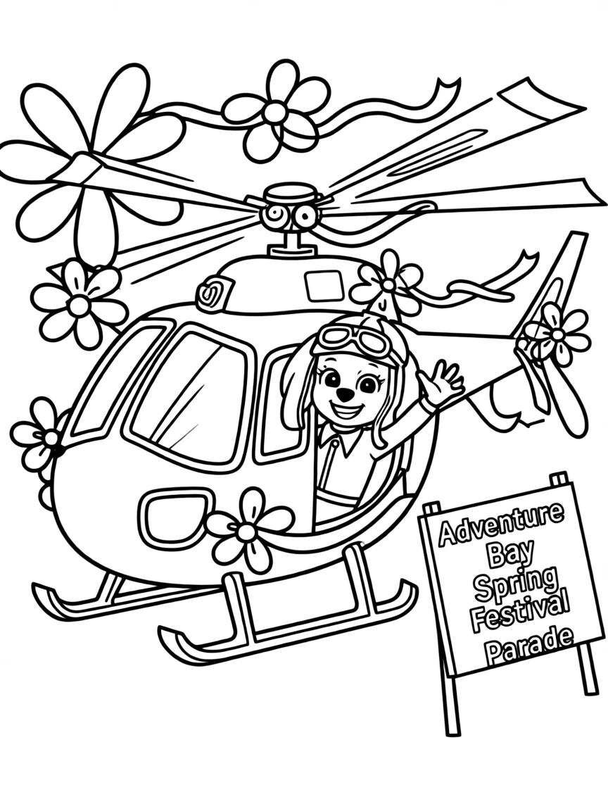 Skye and her helicopter decorated with colorful ribbons and flowers for Adventure Bay's spring festival parade