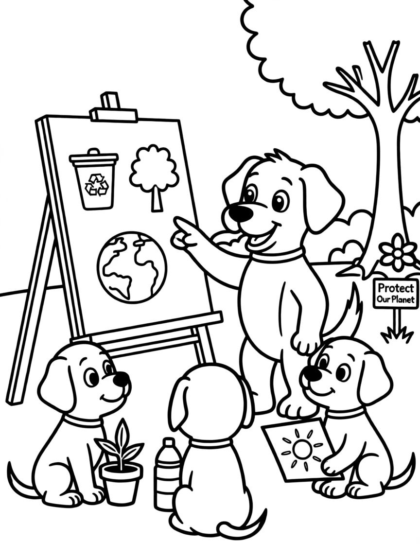 Rocky teaching the other pups about recycling and environmental protection, with charts and examples of eco-friendly practices