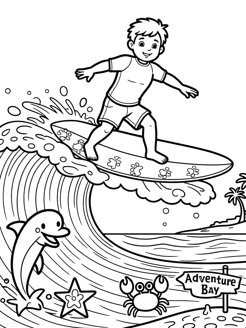 Zuma surfing on big waves at Adventure Bay beach, with his surfboard decorated with paw prints and sea creatures cheering