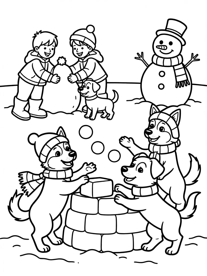 Everest and the pups building a snow fort and having a friendly snowball fight, with snow angels and a snowman nearby