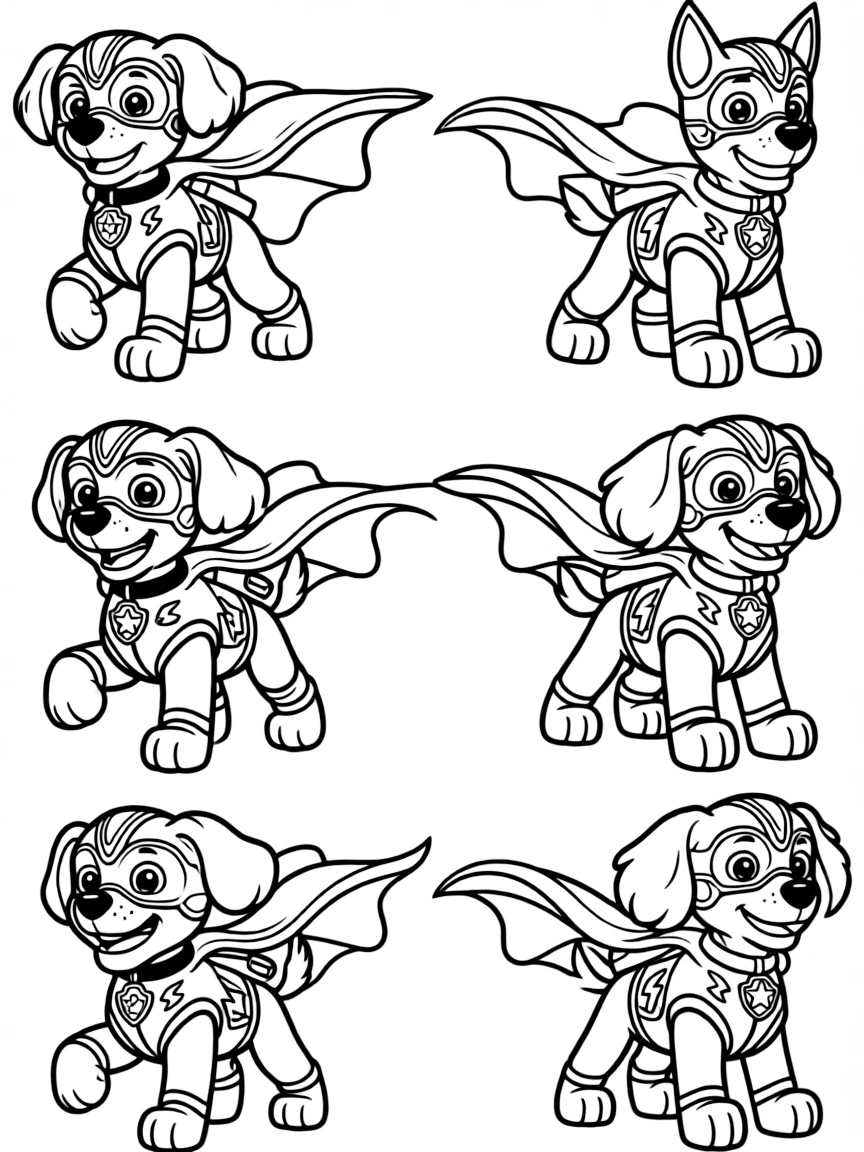 All PAW Patrol pups dressed in superhero costumes, striking heroic poses with capes flowing and masks gleaming