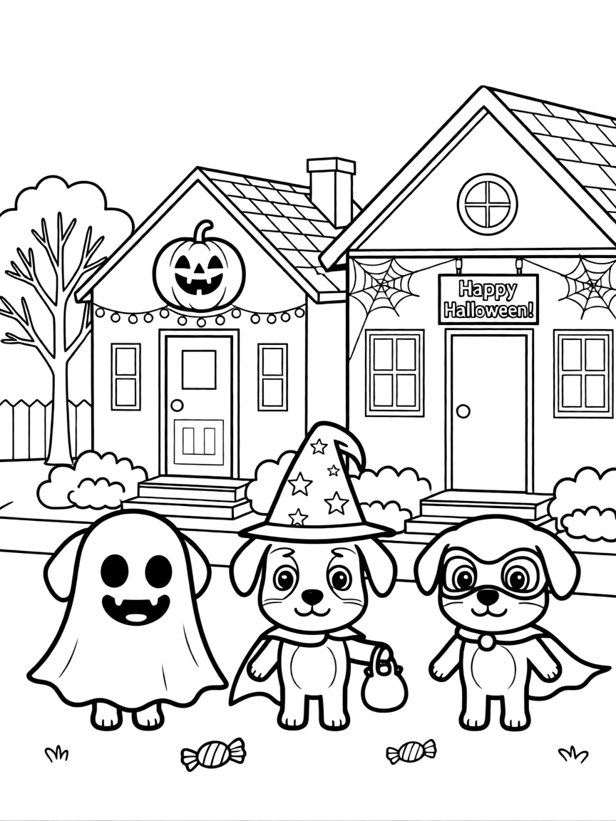 The pups celebrating Halloween in Adventure Bay, wearing creative costumes and trick-or-treating at decorated houses