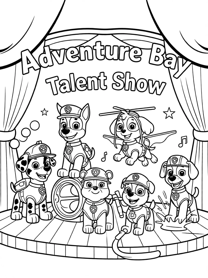 The PAW Patrol pups performing in Adventure Bay's talent show, each showcasing their special skills and abilities