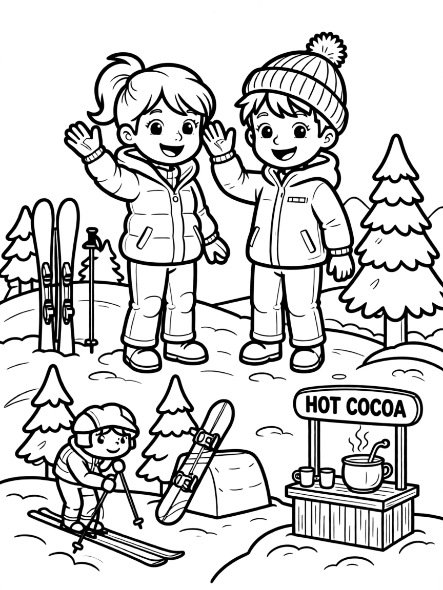 Everest and Jake hosting a winter sports day on the mountain, with skiing, snowboarding, and hot cocoa stations