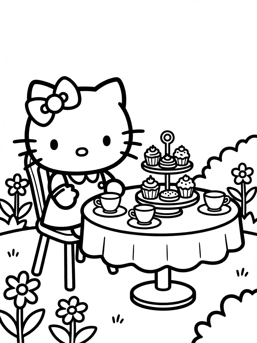 Hello Kitty having a tea party in her garden with colorful teacups, saucers, and a tiered cake stand full of treats