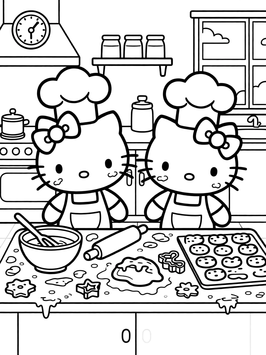Hello Kitty and her twin sister Mimmy baking cookies in their kitchen, wearing aprons and chef hats, with flour everywhere