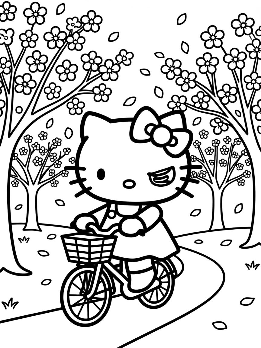 Hello Kitty riding a bicycle through a park filled with cherry blossom trees, with petals falling like snow around her