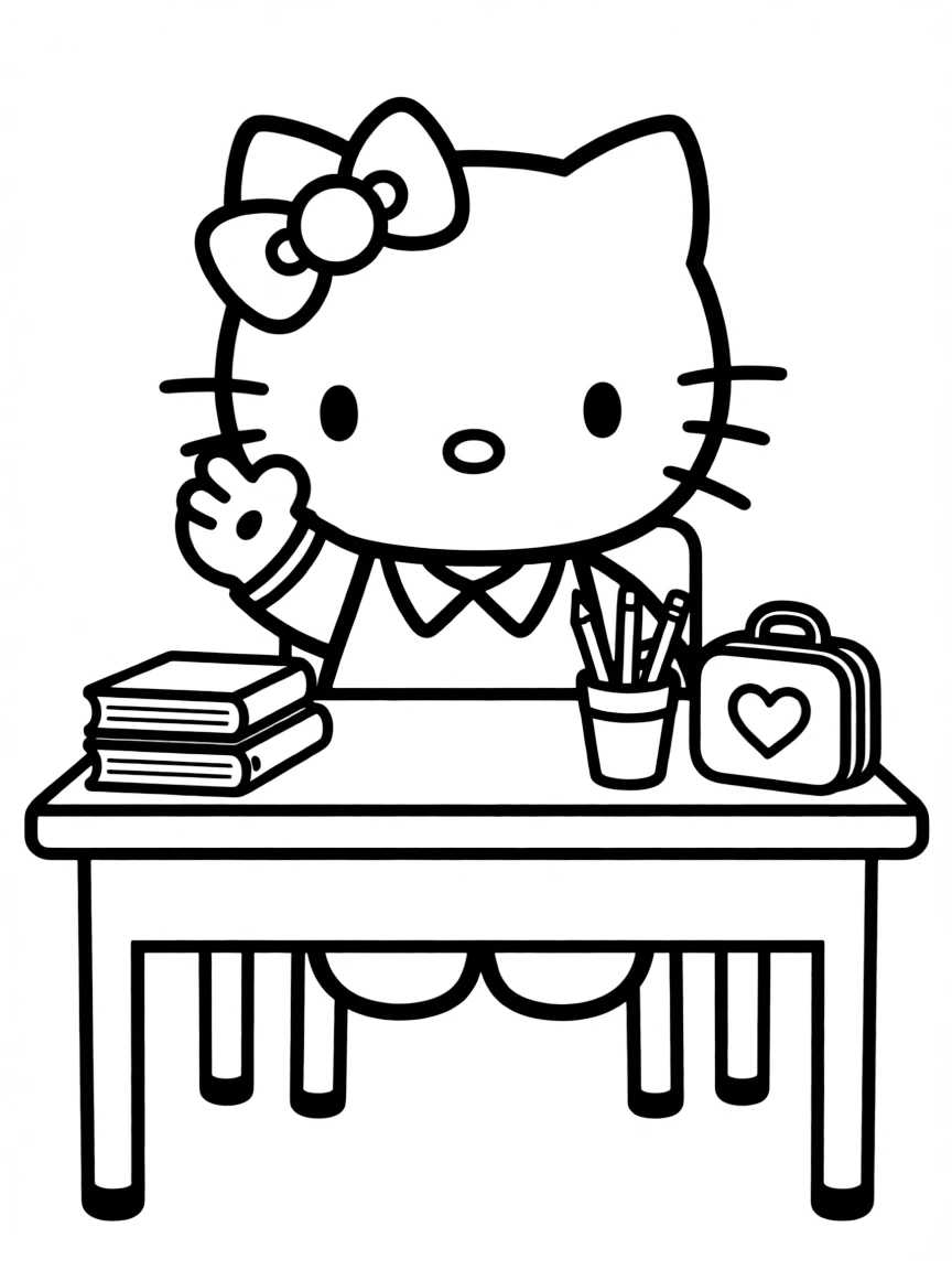 Hello Kitty at school sitting at her desk with books, pencils, and a cute lunch box, raising her hand to answer a question
