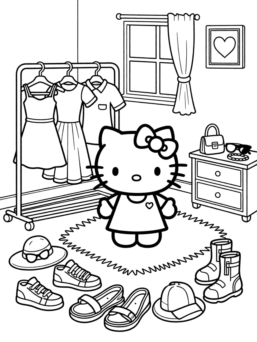 Hello Kitty playing dress-up in her room, trying on different outfits with shoes, hats, and accessories scattered around