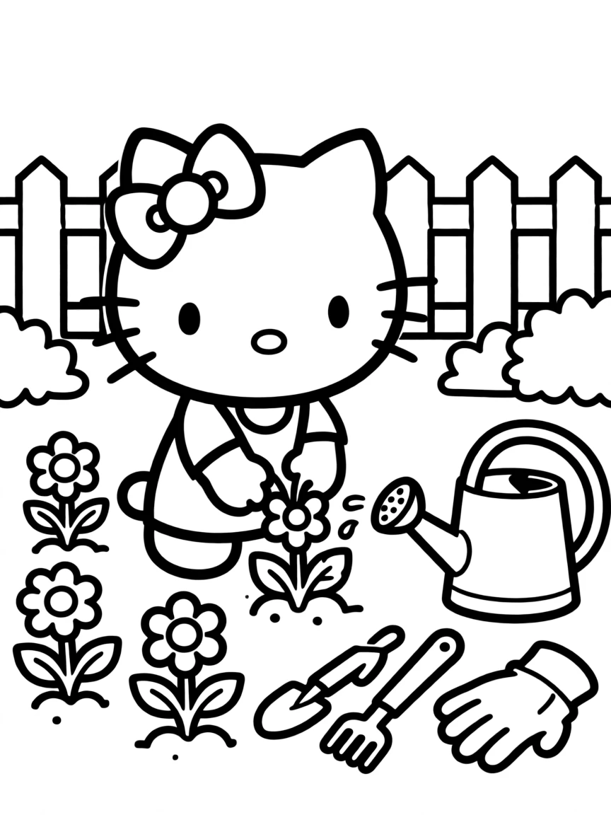 Hello Kitty gardening in her backyard, planting flowers and vegetables, with a watering can and garden tools nearby