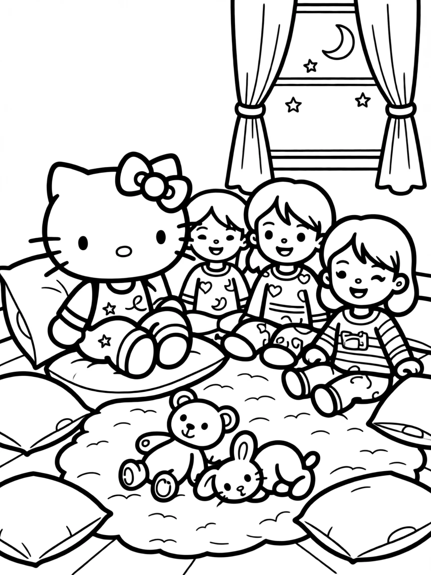 Hello Kitty having a sleepover with friends, wearing pajamas and surrounded by pillows, blankets, and stuffed animals