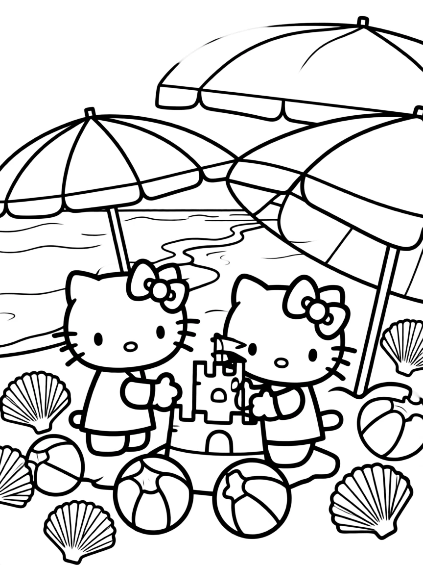 Hello Kitty at the beach building sandcastles, with beach balls, umbrellas, and seashells decorating the shore