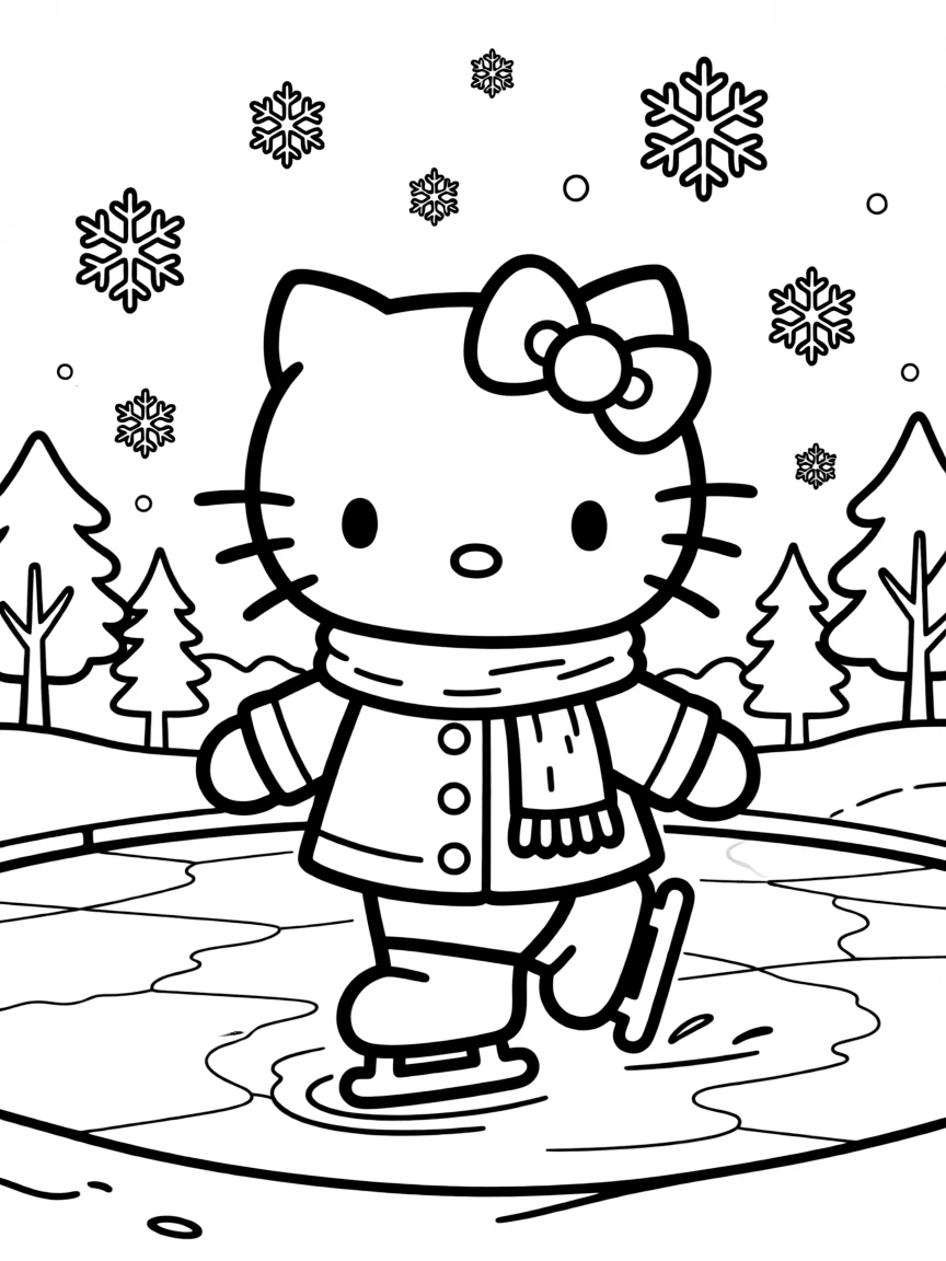 Hello Kitty ice skating on a frozen pond, wearing a warm winter coat and scarf, with snowflakes gently falling