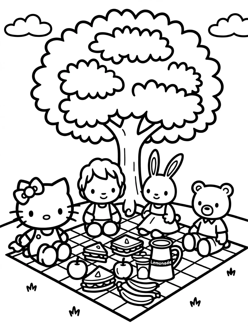Hello Kitty and her friends having a picnic under a large tree, with sandwiches, fruit, and lemonade spread out