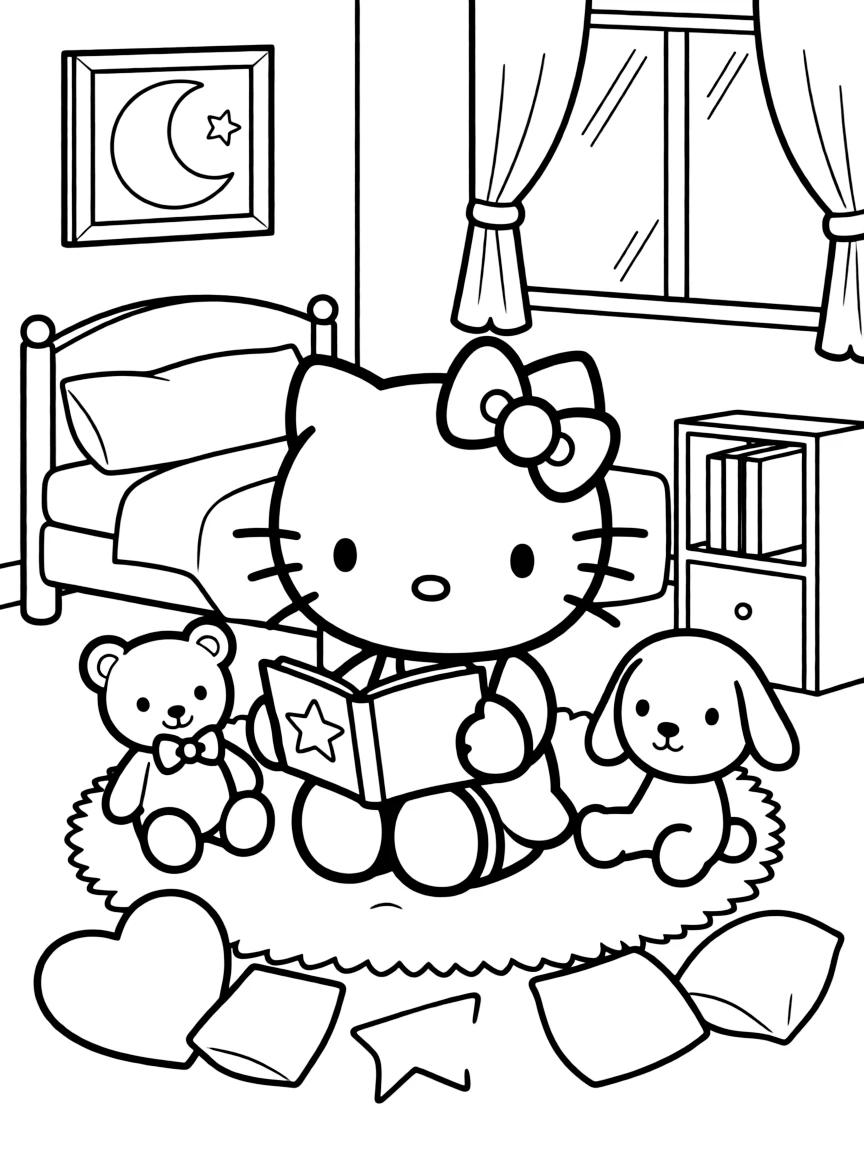 Hello Kitty reading a book in her cozy bedroom, surrounded by her favorite stuffed animals and soft pillows