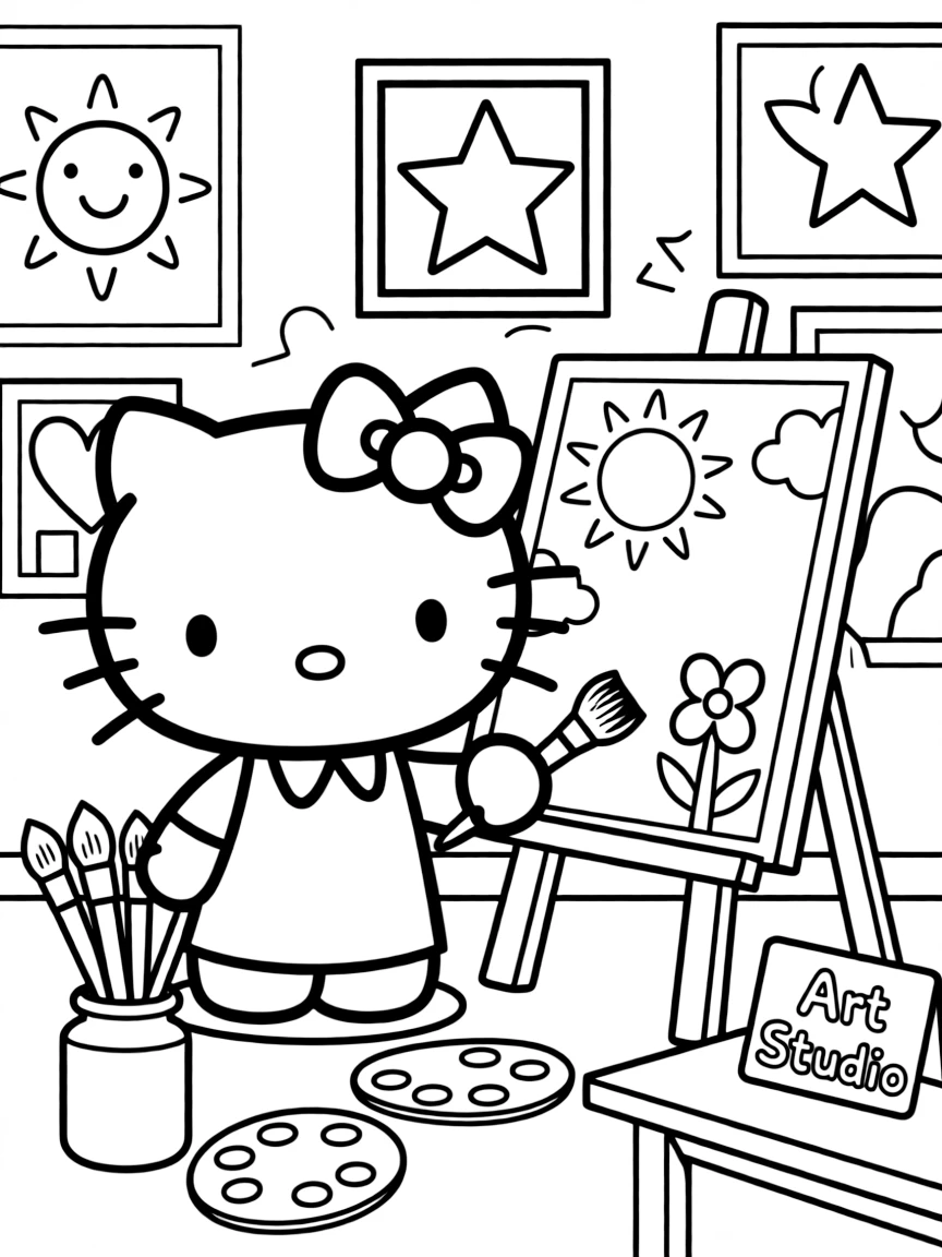 Hello Kitty painting a picture on an easel in an art studio, with paintbrushes, palettes, and colorful artwork around