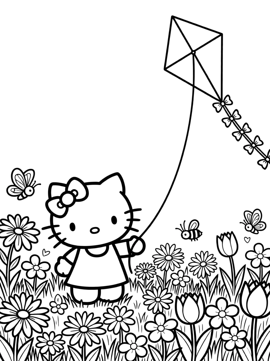 Hello Kitty flying a kite in a meadow full of wildflowers, with butterflies and bees buzzing around the blooms