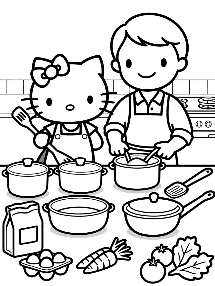 Hello Kitty and Papa cooking dinner together in the kitchen, with pots, pans, and ingredients spread across the counter