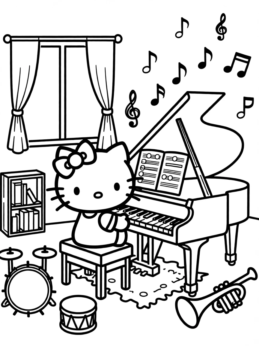 Hello Kitty playing piano in her music room, with sheet music, other instruments, and musical notes floating around