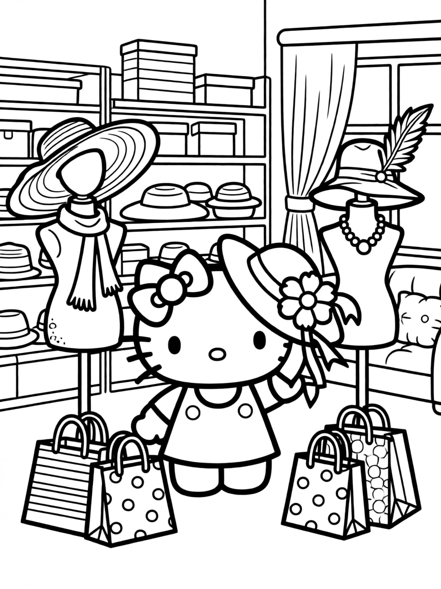 Hello Kitty shopping at a cute boutique, trying on hats and accessories, with shopping bags and mannequins nearby