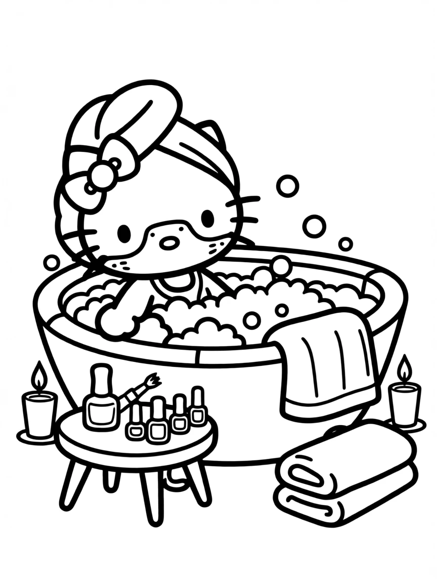 Hello Kitty having a spa day with face masks, nail polish, and relaxing in a bubble bath surrounded by candles
