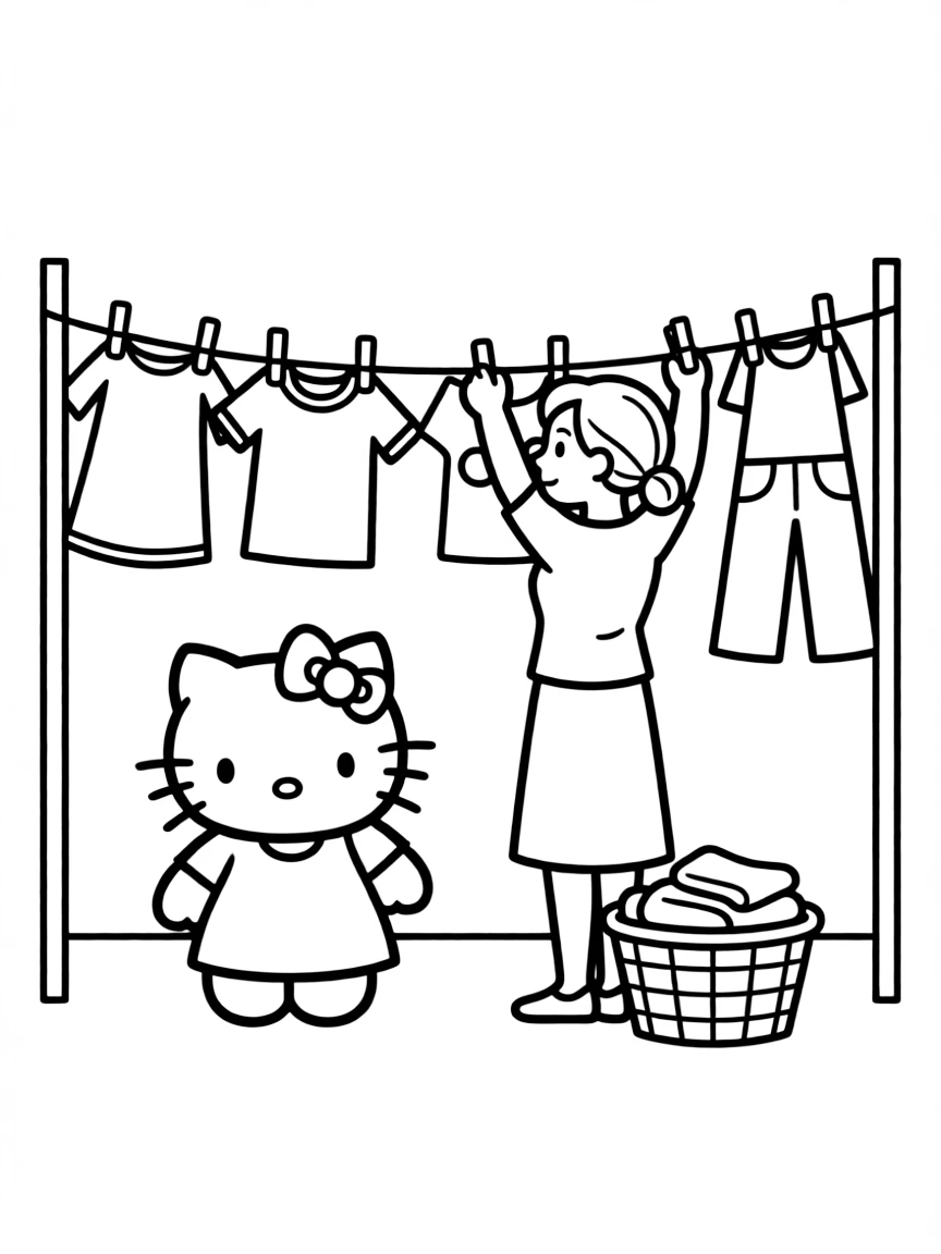 Hello Kitty and Mama doing laundry together, hanging clothes on a line with clothespins and a laundry basket